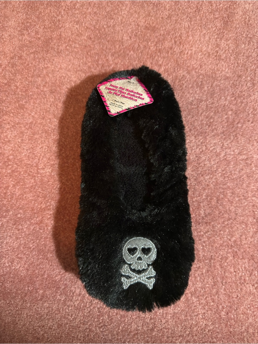 Black Faux Fur Slippers with Silver Skull Accent
